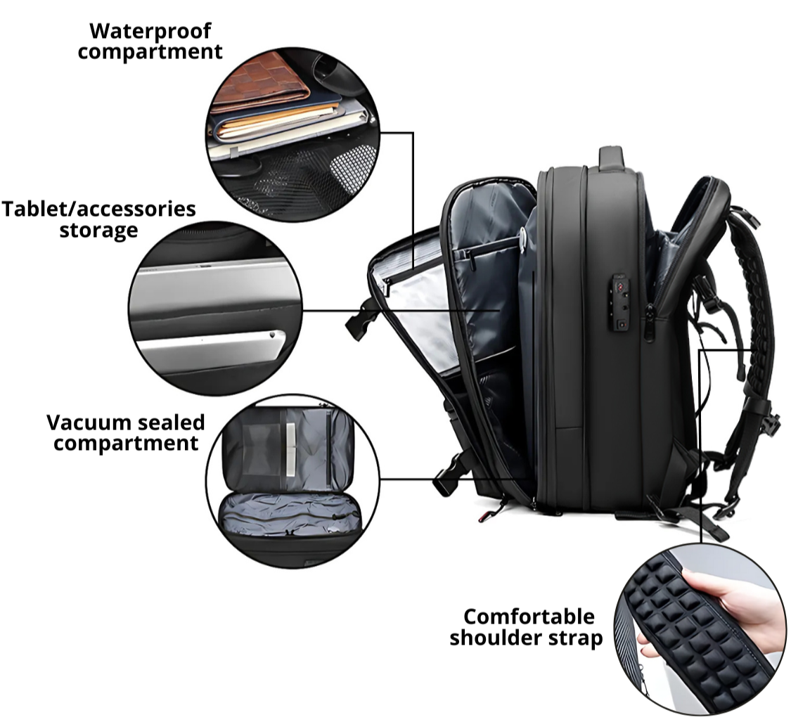 Reisrugzak met Vacuümcompressie – 17” Laptop & Grote Capaciteit