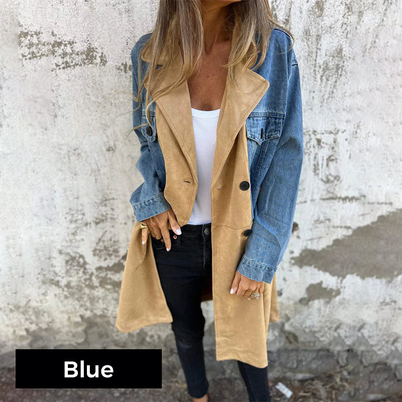 Trenchcoat van gemiddelde lengte met denim-jeans naden